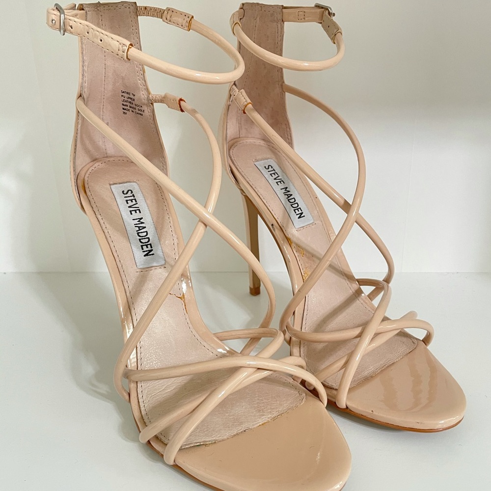 Glossy nude strappy heels